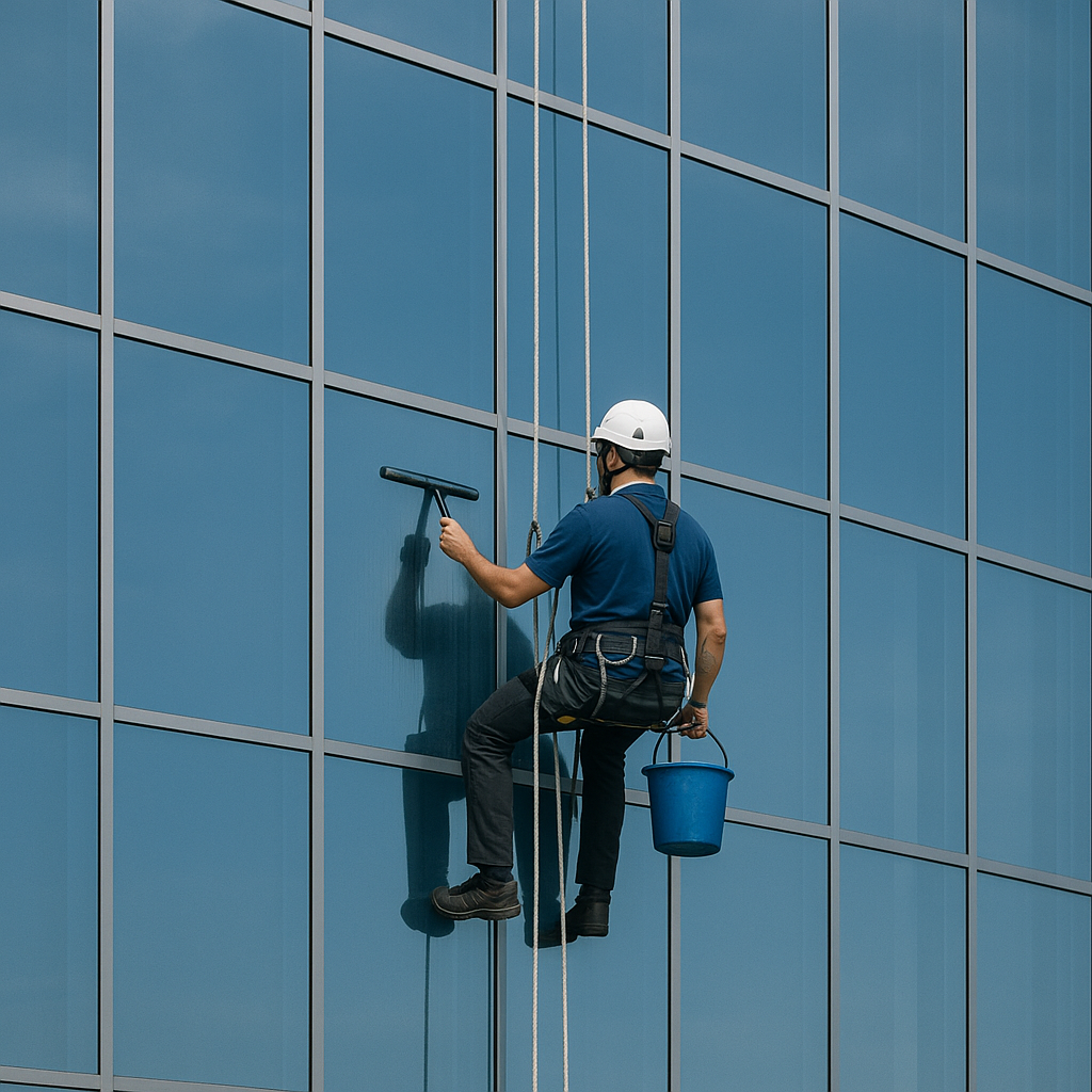 Limpeza profissional de vidros em edificações de médio e grande porte